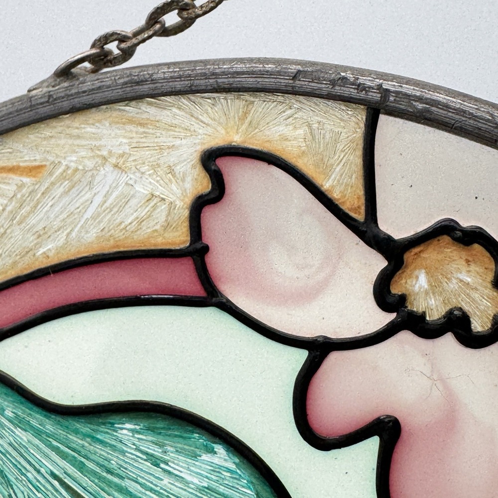 Vintage Round Stained Glass Bird Dogwood Flower Suncatcher Leaded Window Panel - Picture 6 of 8